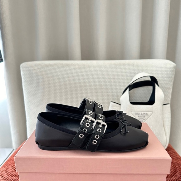 Miu Miu Double Buckle Strap Leather Mary Jane Ballerina Flats - Picture 7 of 8
